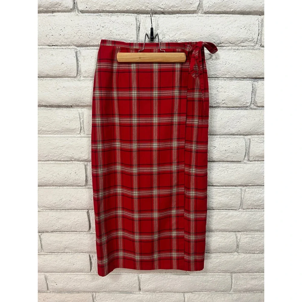 Crazy Horse Liz Claiborne Red Plaid Wrap Midi Skirt Petite 8P‎ Tartan Preppy Tie